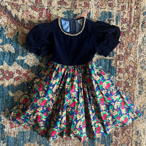 Vintage Other - Vintage Velvet & Holiday Print Dress with Crinoline Skirt size 4 years